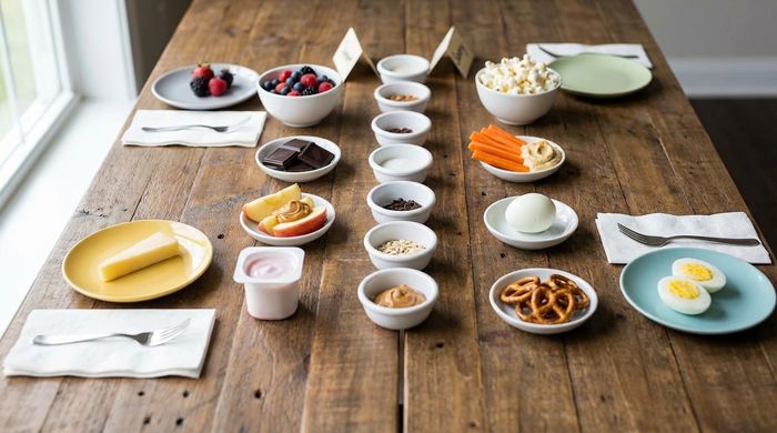 100-calorie snack chart comparing sweet and savory healthy foods like fruit, popcorn, and eggs on a table.