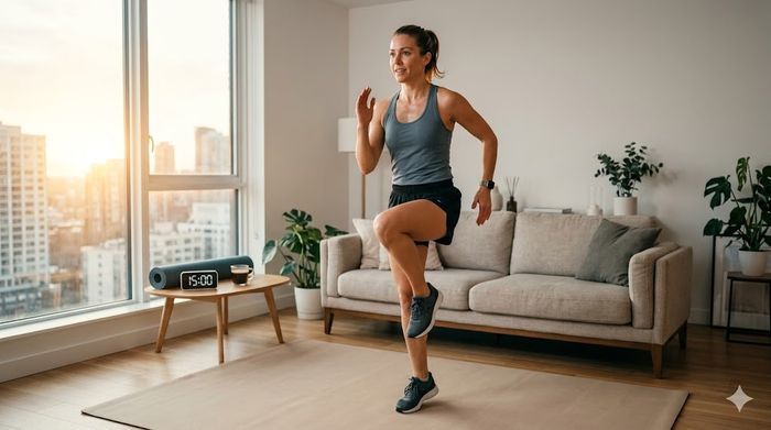 Woman doing high knees in living room during sunrise, a quick morning workout