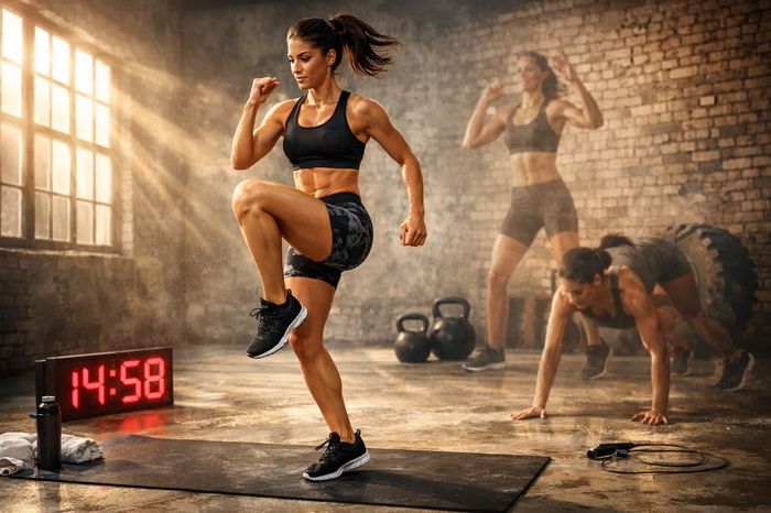 Woman doing high knees in a 15-minute no equipment cardio workout.