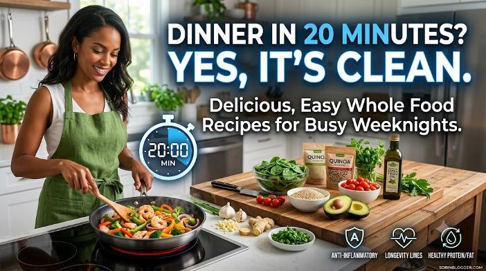 Woman cooking healthy shrimp stir-fry in 20 min. Fresh ingredients like avocado and spinach.