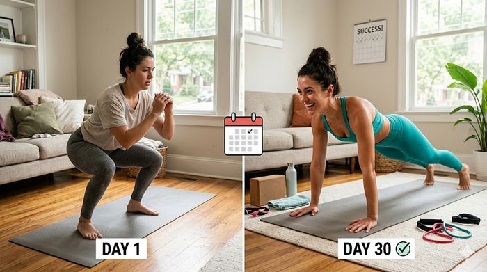 Woman doing a 30-day at-home fitness challenge body transformation.