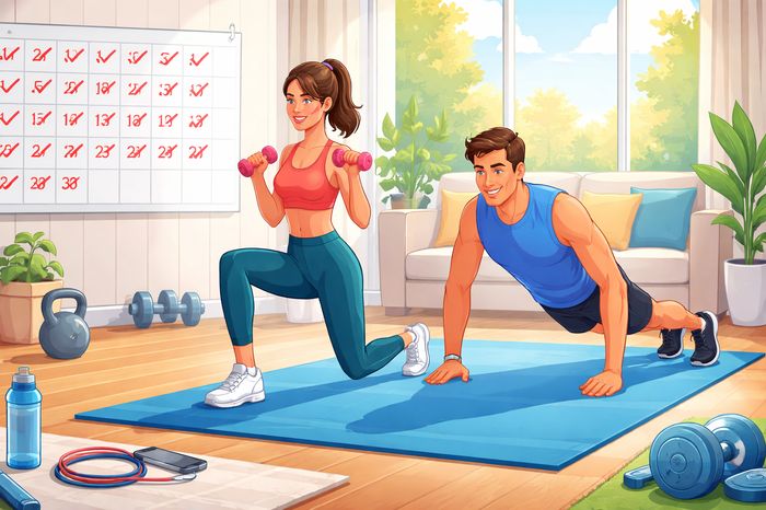 Couple doing lunges and push-ups during a 30-day home workout challenge for beginners.