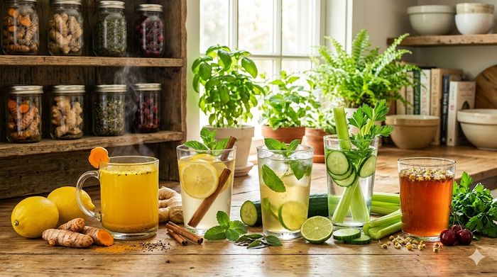 5 anti-inflammatory detox drinks to naturally flush toxins, featuring turmeric and lemon.