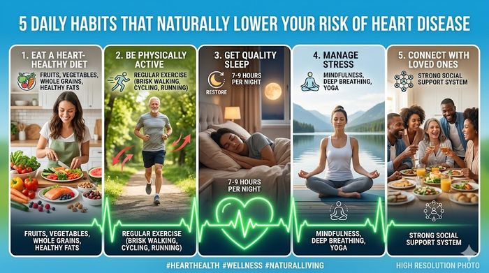 Infographic showing 5 natural daily habits to lower heart disease risk.