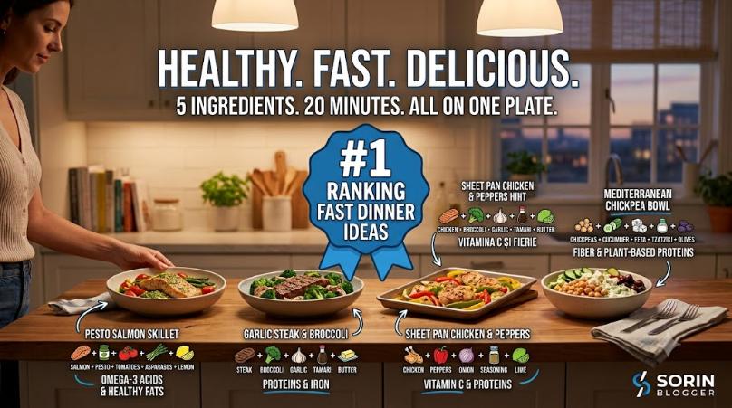 Four healthy 5-ingredient 20-minute dinner ideas on a counter.