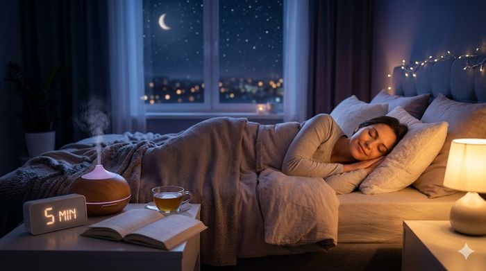Cozy USA bedroom with a woman sleeping peacefully after a 5-minute bedtime routine to fall asleep faster.