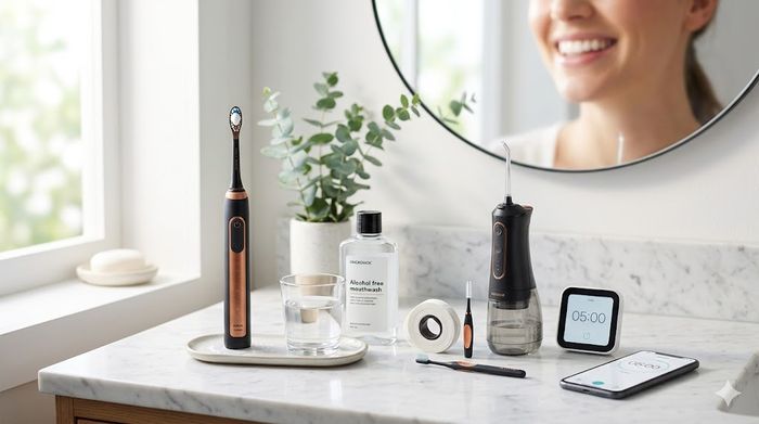Bright bathroom counter with electric toothbrush, water flosser, mouthwash, 5-minute timer, and smiling woman.