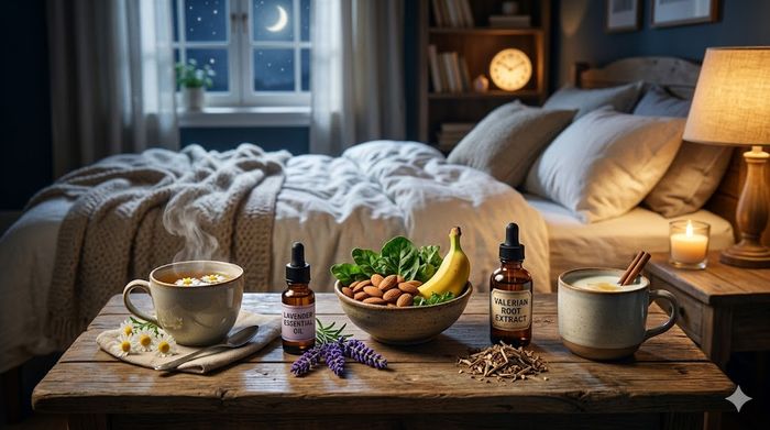 5 natural sleep remedies like chamomile tea, lavender oil, valerian root on a nightstand.