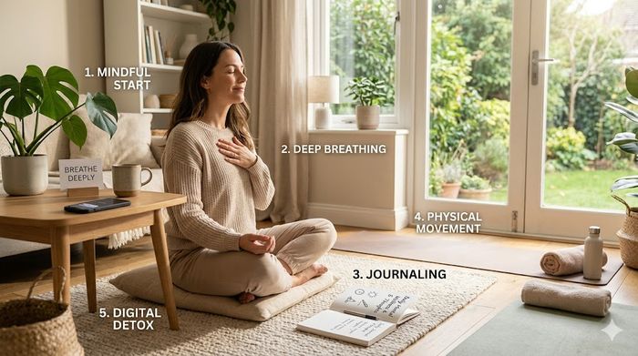 Serene landscape banner with illustrations of 5 daily anxiety reduction habits like meditation and running.