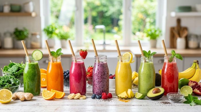 Seven vibrant detox smoothies in bottles on a counter surrounded by fresh fruits and vegetables.