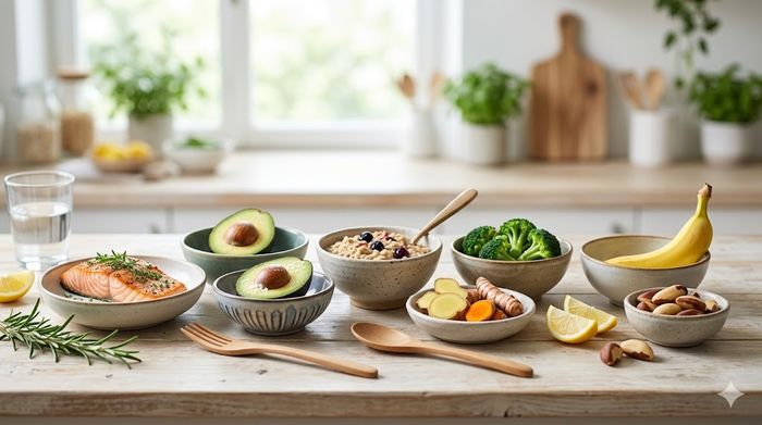 7 gut-healing foods for a Crohn's disease diet plan, including salmon and avocado.