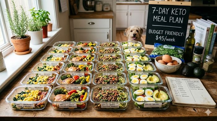 Affordable 7-day keto meal plan prepped in labeled containers on a kitchen counter.