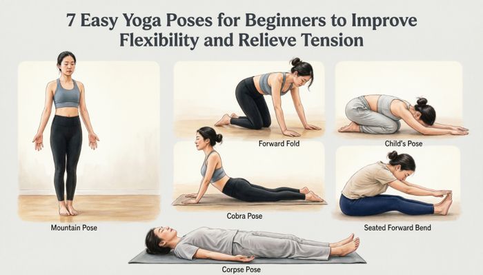 Illustration of 7 easy beginner yoga poses to improve flexibility and relieve tension.