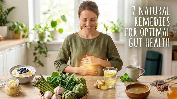 Smiling woman with glowing gut surrounded by natural remedies for digestion like probiotics and vegetables.