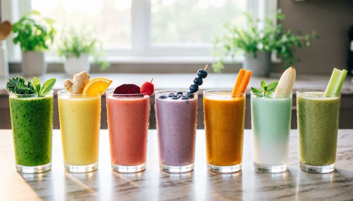 A row of 7 vibrant detox smoothies in glasses with fresh fruit and veggie garnishes on a kitchen counter.