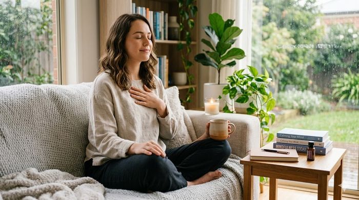 Illustrated guide with woman and icons showing 7 proven techniques for fast anxiety relief.