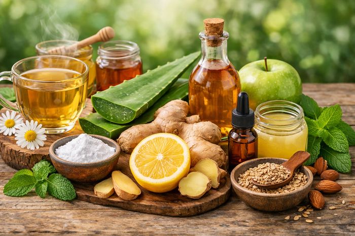Natural home remedies for acid reflux including ginger, baking soda, and aloe vera on a table.