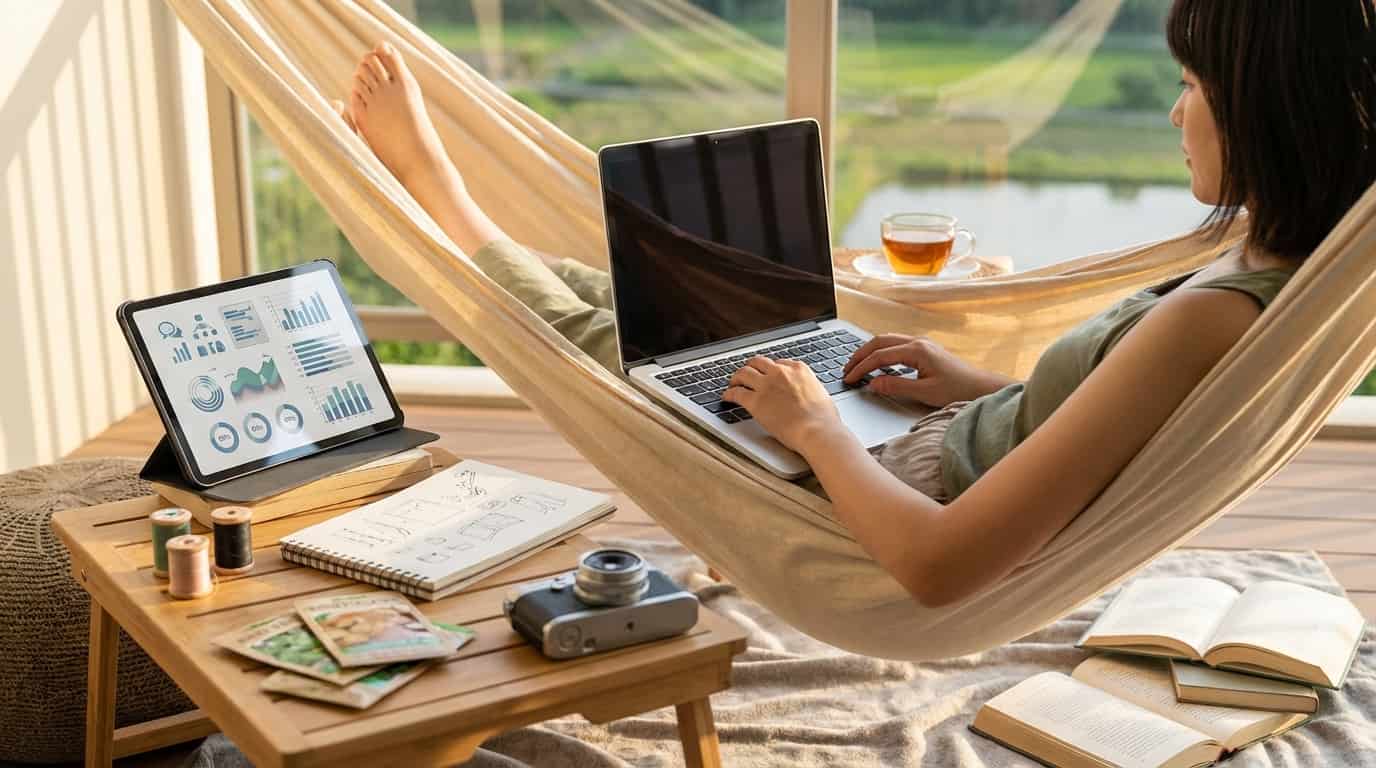Femeie în hamac gestionând o afacere din hobby-uri pe laptop și tabletă.
