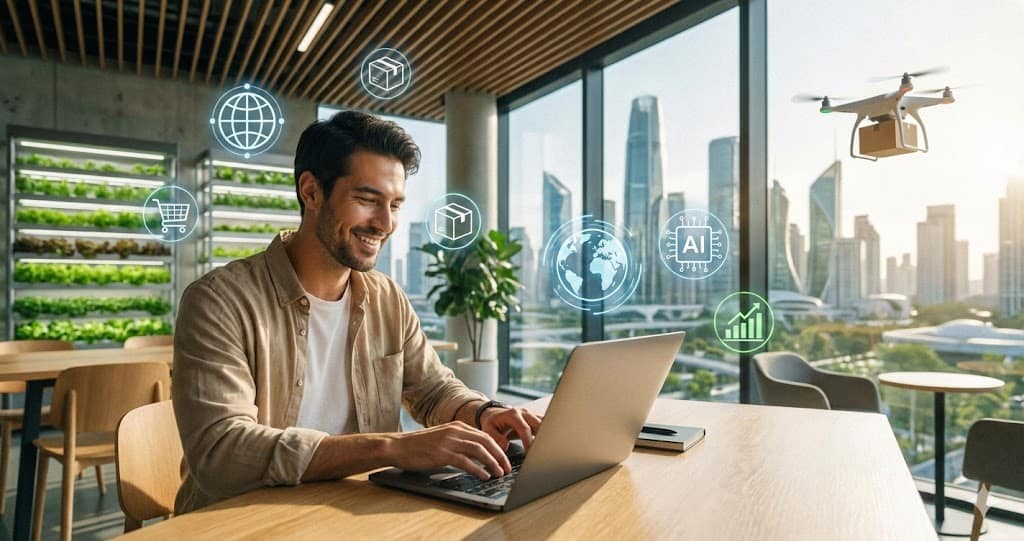 Antreprenor digital analizând idei de afaceri online profitabile pentru 2026 la laptop.