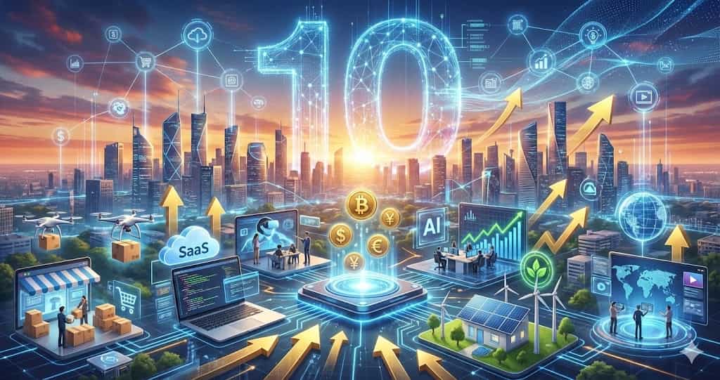 Top 10 idei de afaceri online profitabile în 2026 ilustrate digital.