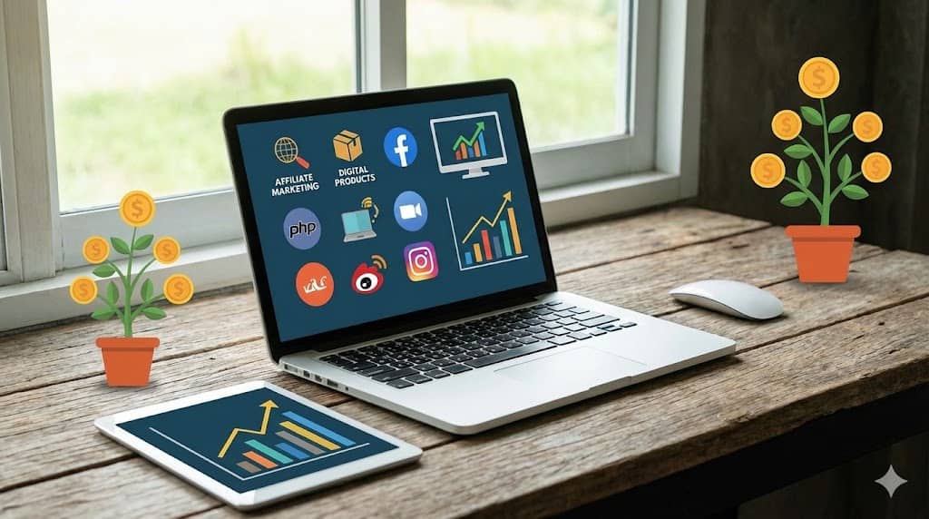 Laptop cu grafice și plante cu monede simbolizând modele de venit pasiv online.