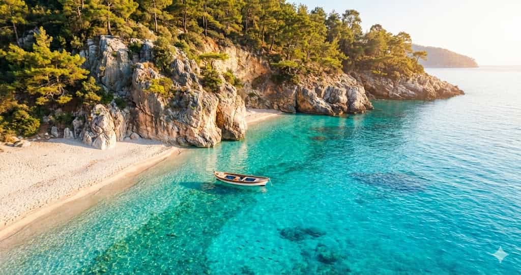 Stunning Antalya beach cove with clear turquoise water and pine trees.