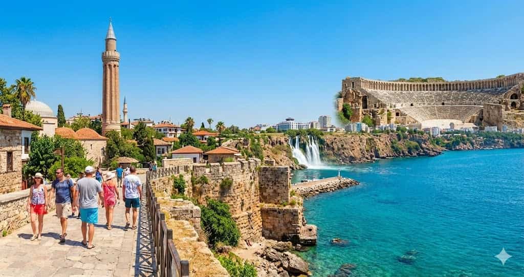 Scenic view of Antalya Old Town harbor and coast.
