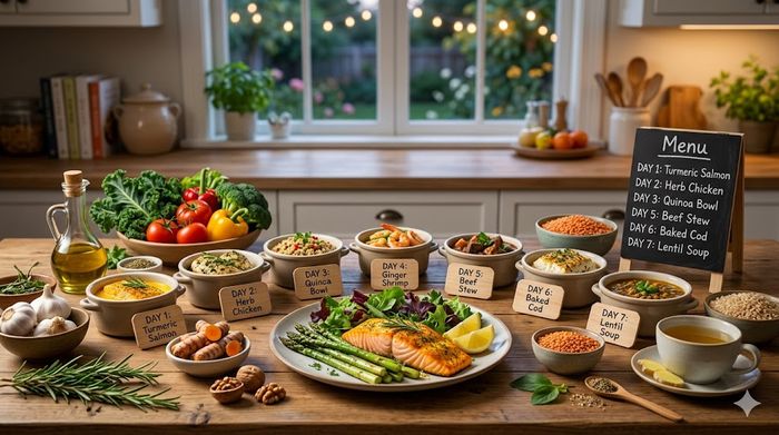 7-day anti-inflammatory clean eating dinner meal prep plan on a kitchen table