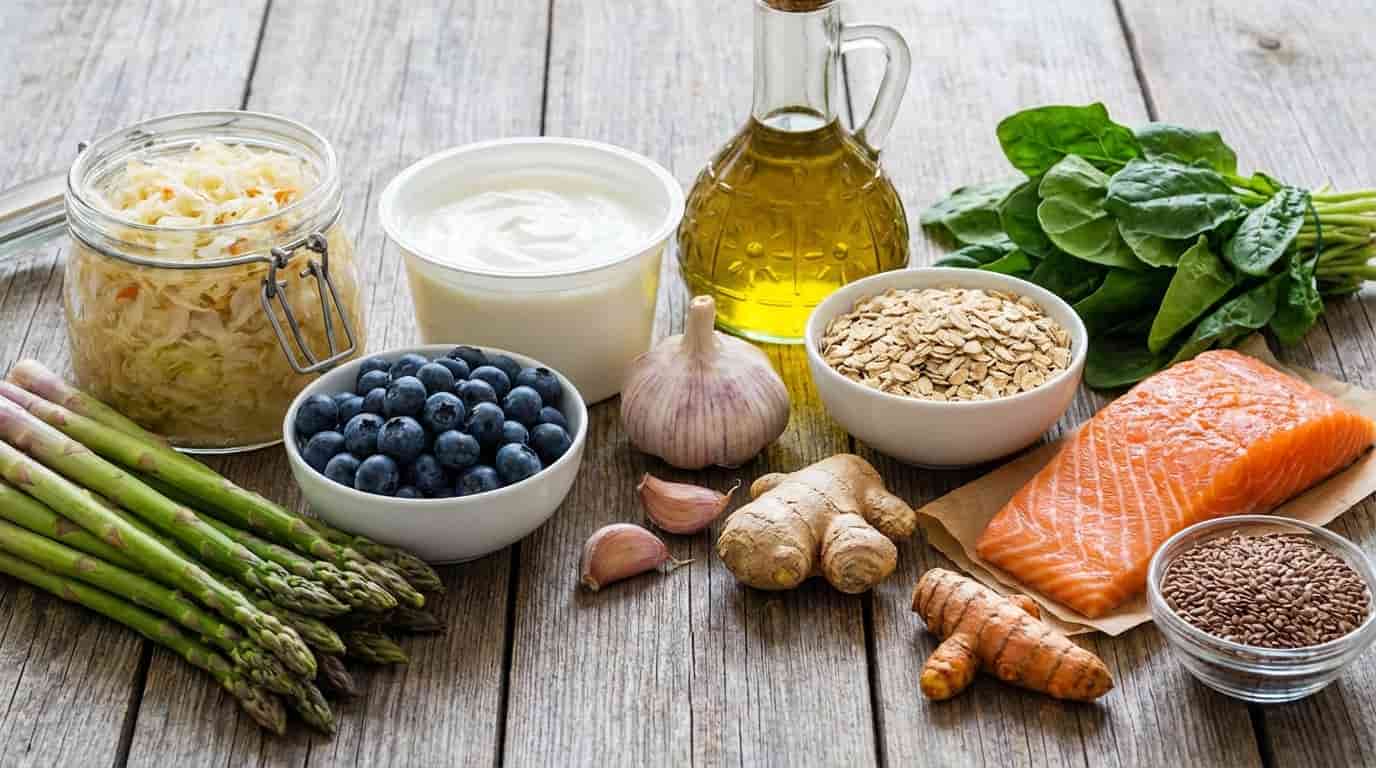 Anti-inflammatory superfoods spread: salmon, blueberries, yogurt, ginger, and turmeric on a table.