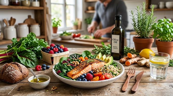 Anti-inflammatory longevity meal with salmon, greens, and olive oil.