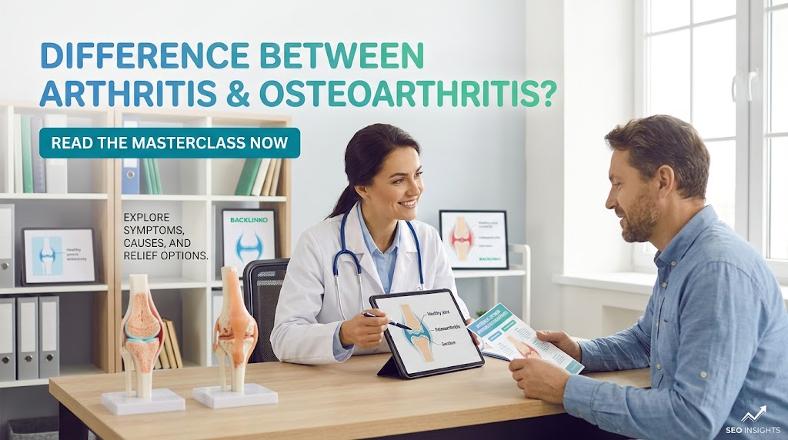 Doctor explaining the difference between arthritis and osteoarthritis to a patient in an office setting, using knee models.