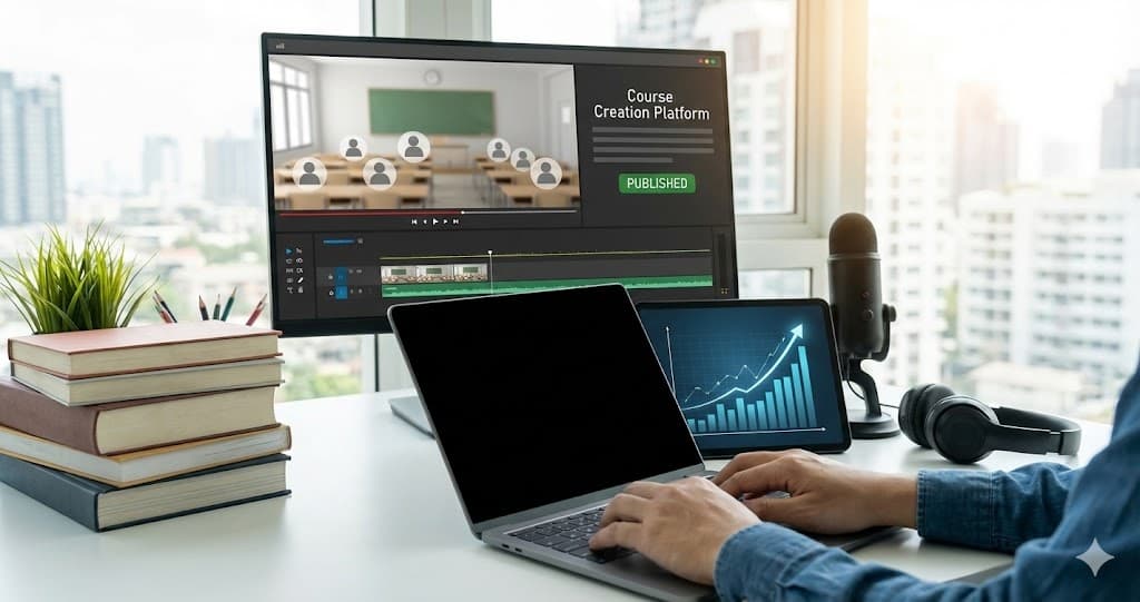 Câștigă bani din cursuri online: concept grafic platformă e-learning și monetizare cunoștințe.