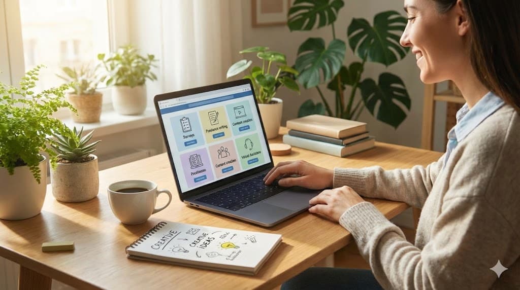 Femeie zâmbitoare lucrând pe laptop de acasă la idei simple de făcut bani online fără experiență.