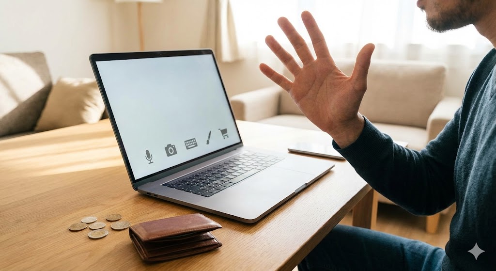 Laptop deschis pe un birou de lucru organizat acasă, sugerând activități freelance și metode reale de a face bani pe internet fără investiții financiare inițiale.