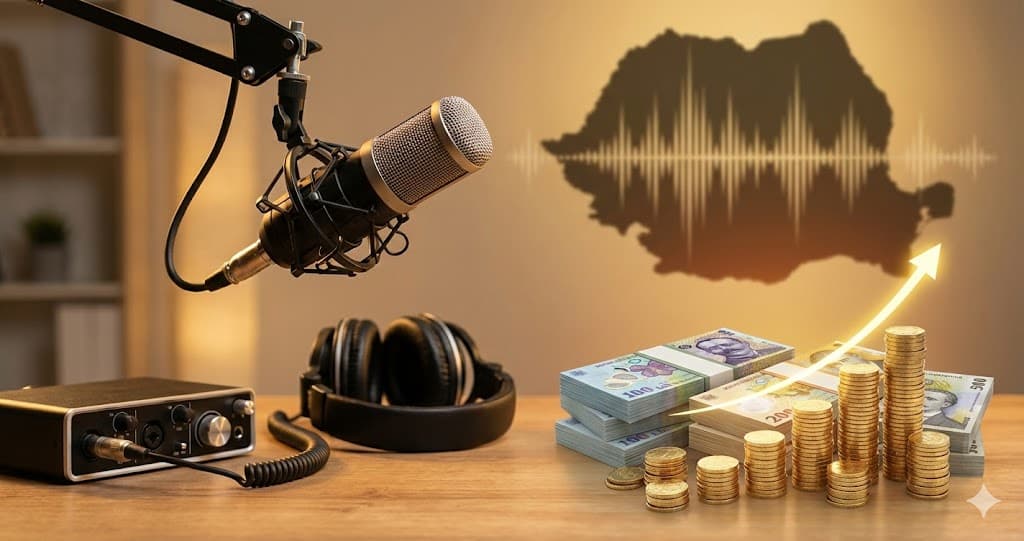 Microfon podcast și bani, concept grafic despre câștigurile din podcasting în România.