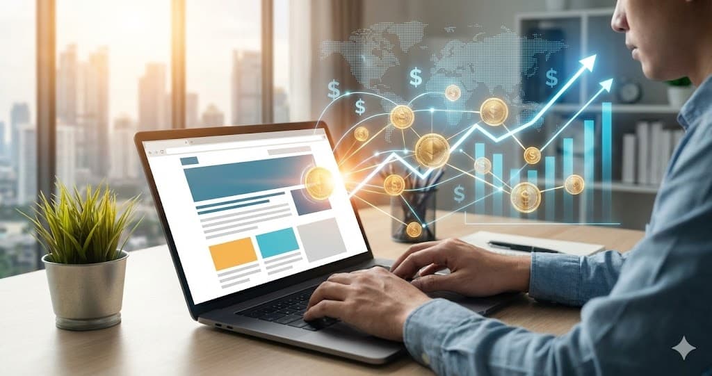 Monetizare site web cu Google AdSense: ilustrație venituri din reclame și creștere profit online.