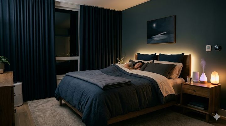 Cozy bedroom setup for deep sleep, with blackout curtains and a humidifier.
