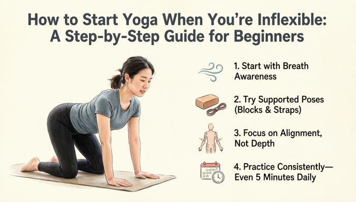 Step-by-step beginner yoga guide for inflexible people, featuring a tabletop pose and 4 essential tips.