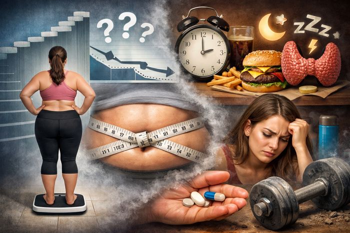 Collage of hidden reasons for a belly fat plateau: sleep deprivation, hormones, poor diet, and stress.
