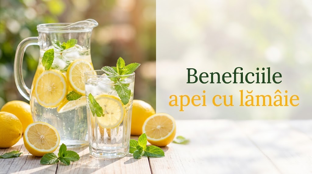 Pahar și carafă cu apă proaspătă, lămâie și mentă pentru hidratare.