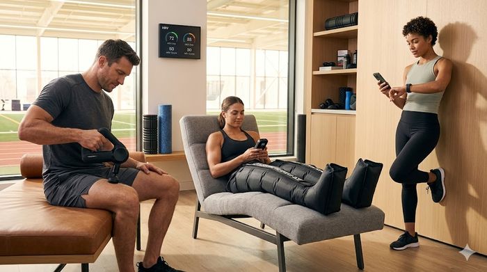Modern muscle recovery tech featuring massage guns, compression boots, and smart wearables for athletes.
