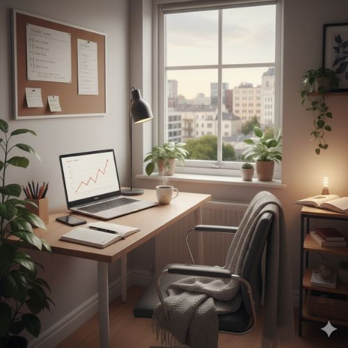 Un birou modern și luminos, amenajat acasă, cu un laptop deschis afișând un grafic de creștere a veniturilor, plante verzi și o fereastră cu vedere urbană, simbolizând productivitatea și succesul muncii la distanță.
