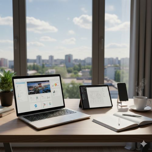 Un birou modern cu laptop, tabletă și telefon, cu o priveliște urbană prin fereastră, simbolizând flexibilitatea muncii de acasă.