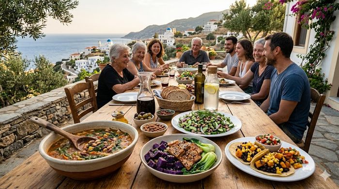 Diverse group enjoying a heart-healthy Blue Zone meal outdoors, featuring longevity recipes and fresh food.