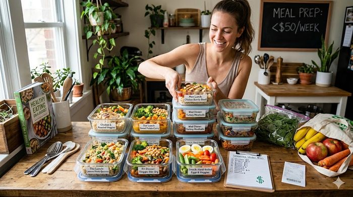Healthy budget meal prep under $50 in glass containers with fresh produce and a grocery list.