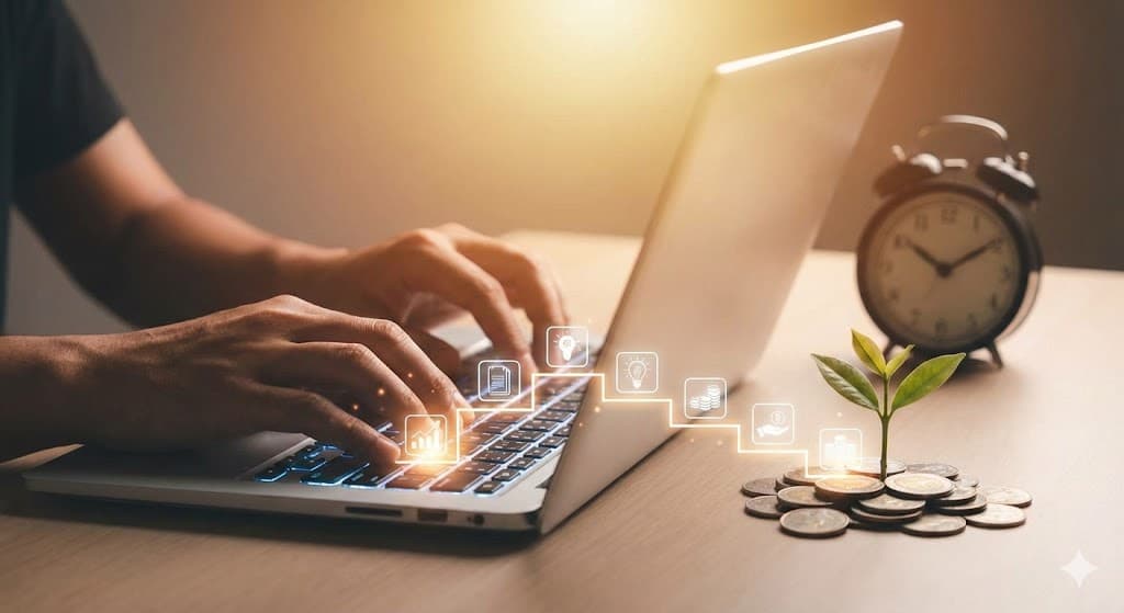 Laptop și monede ilustrând metode verificate de a câștiga bani online rapid.