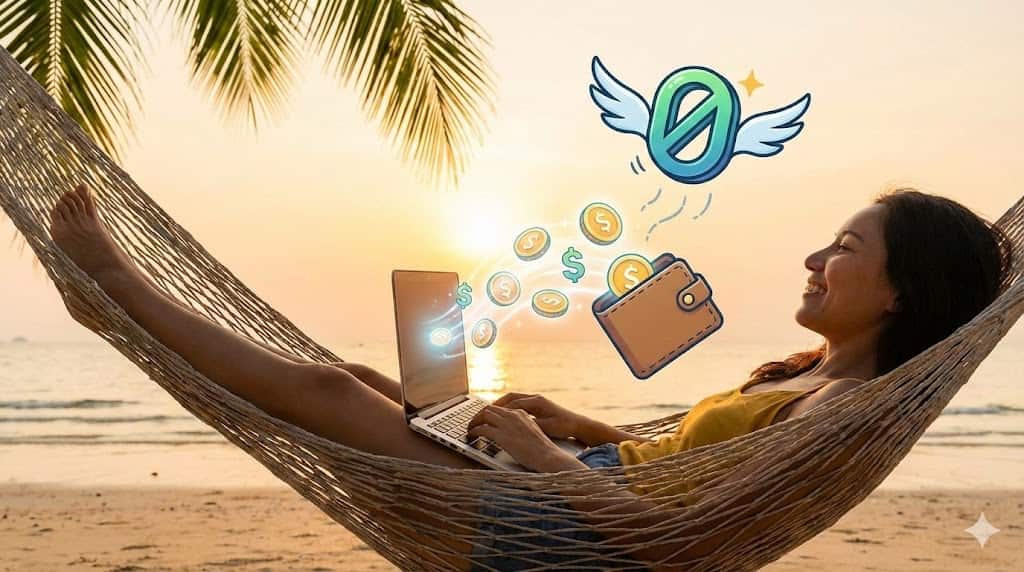 Ilustrație concept: cum să câștigi bani online gratis fără investiții lucrând relaxat la laptop.