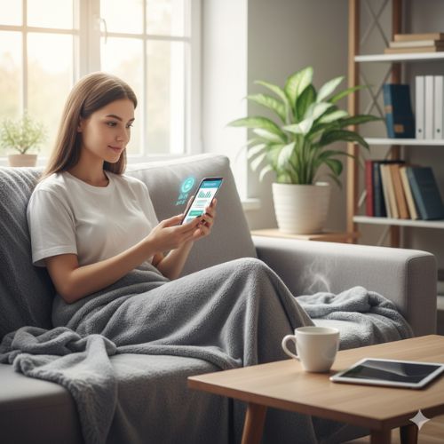 O persoană relaxată stând pe canapea, folosind telefonul pentru a completa sondaje plătite, simbolizând câștigul de bani online în timpul liber, acasă.