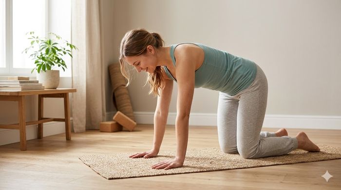 A woman practicing cat-cow yoga in a cozy, sunlit living room, part of a beginner routine.