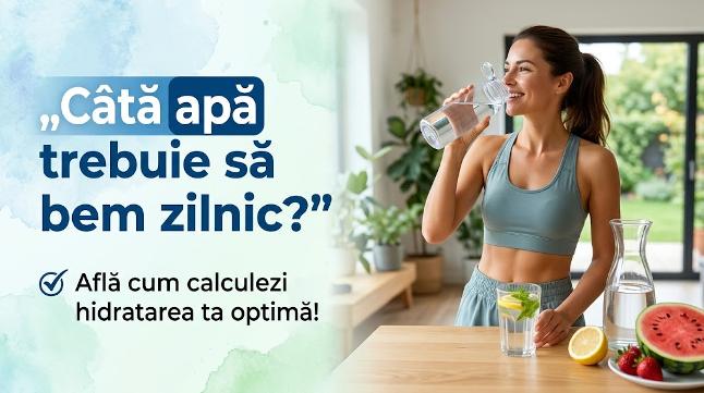 Femeie bând apă din sticlă și calcul hidratare zilnică optimă.
